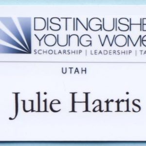 white name tag with full color printed logo and text