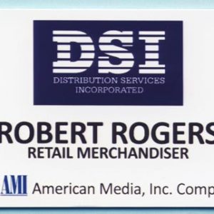 white name tag with full color printed logo and text