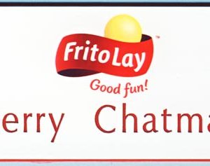 White name tag with full color printed FritoLay logo and red engraved text and border