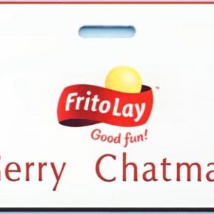 White full color tag with Frito lay printed logo and red engraved text and slit for lanyard