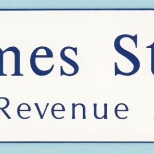 White name plate with blue engraved logo and text