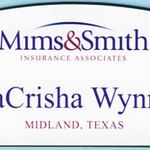 white name tag with black custom shaped edge printed logo and text