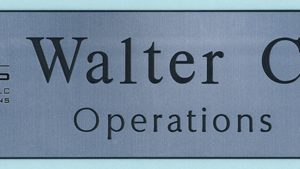 silver name plate with laser engraved logo and black engraved text