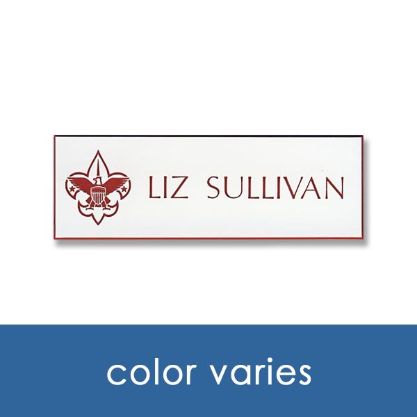 White name tag with red engraved Scouting logo and names and titles.
