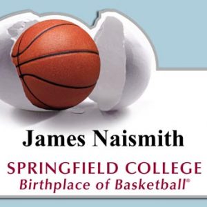 white custom shaped name tag with full color printed logo and text