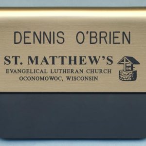 metallic gold pocket name tag with black engraved logo and text