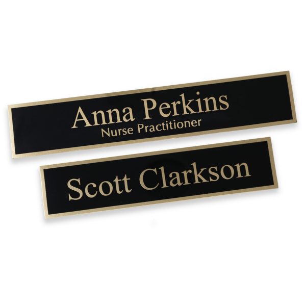 gold bordered black metal name plate with gold laser engraved text lines