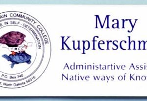 white name tag with full color printed logo and text