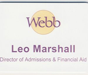 white name tag with full color printed logo and text