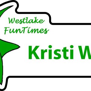 White full color name tag with green printed logo and text