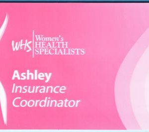 name tag with full color pink background and and printed logo and text
