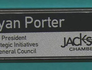 full color framed name tag with logo & text