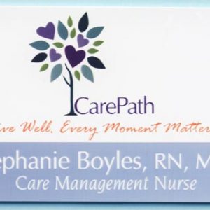 White name tag with full color printed logo and text on a solid color field