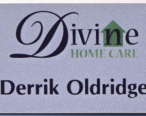 Silver full color name tag with printed logo and text