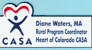 white name tag with blue custom shape edge full color printed logo and text