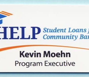 White name tag with full color printed logo and text
