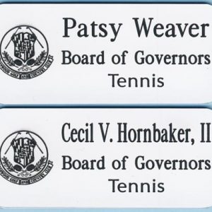 white name tag with engraved logo & text