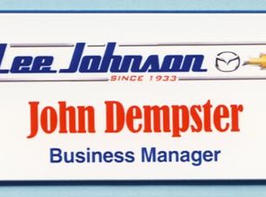 White/blue full color name tag with printed logo and text
