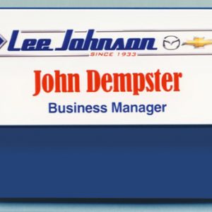 White/blue full color name tag with printed logo and text attached to a pocket tag