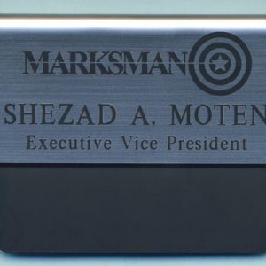 Silver Pocket tag with black engraved name and logo
