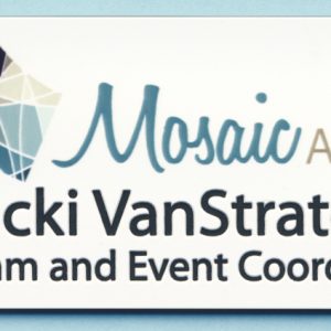 White name tag with full color printed logo and black engraved text