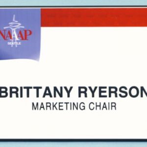 White full color name tag with printed logo and black engraved text