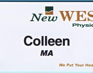 white name tag with full color printed logo and text