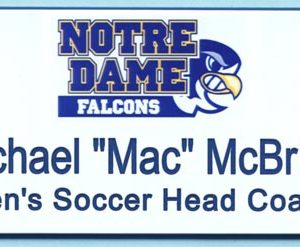 White name tag with full color logo and blue engraved text