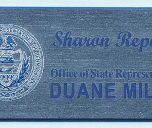 Silver name tag with blue laser engraved logo and blue engraved text