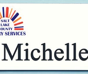 full color printed name tag with logo & engraved text