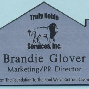 Silver custom shaped name tag with black engraved lion logo and text