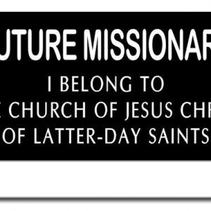 small pocket style imitation LDS missionary tag, black background with the words Future Missionary I Belong to the Church of Jesus Christ of Latter-Day Saints engraved in white