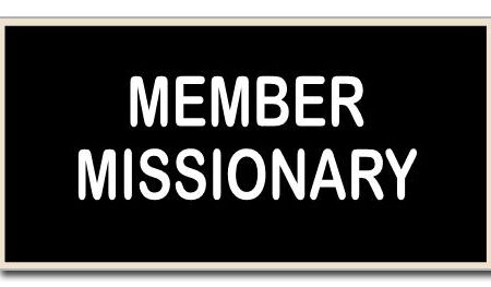 small rectangle imitation LDS missionary tag, black background with the words Member Missionary engraved in white