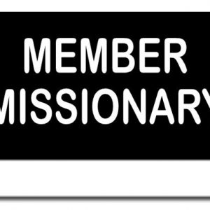 small pocket style imitation LDS missionary tag, black background with the words Member Missionary engraved in white