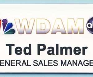 White name tag with full color printed logo and black engraved text