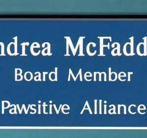 engraved blue name tag with white letters, 3 lines of text
