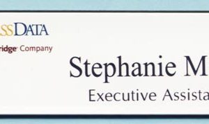 Full color white name tag with printed logo and text