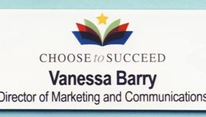 Full color white name tag with printed logo and text