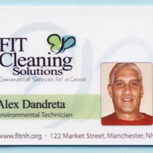 White full color id tag with printed logo, photo, and text