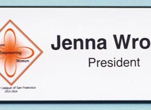 White full color name tag with printed logo and text