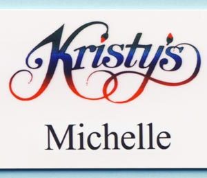 White full color tag with printed logo and text