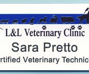 Full color name tag with black engraved text