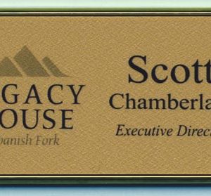 Full color gold framed tag with printed logo and text