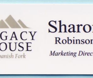 Full color white name tag with printed logo and text