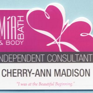 White custom shaped full color tag with printed pink background 1 line of text