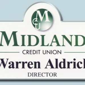 White full color custom shaped name tag with printed logo and text