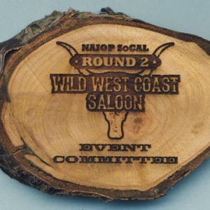 Rustic wooden name tag with laser engraved logo and text