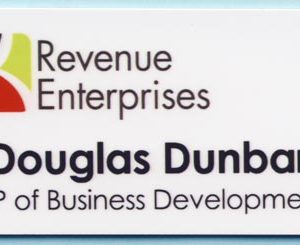 Full color white name tag with printed logo and text