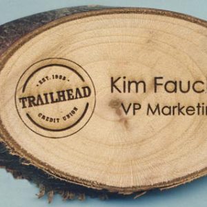 Rustic wooden tag with laser engraved logo and text