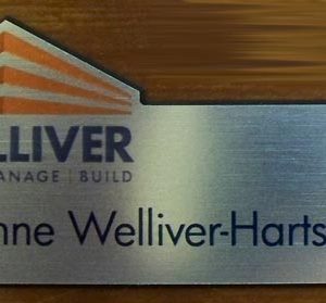 Silver full color custom shaped name tag with printed logo and text